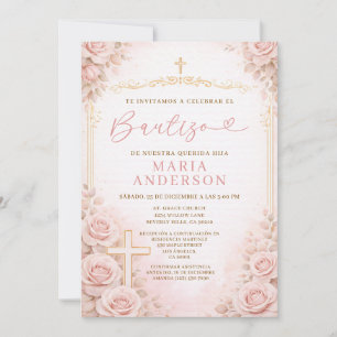 Girl Pink Peach Spanish Baptism Religion Cross Invitation