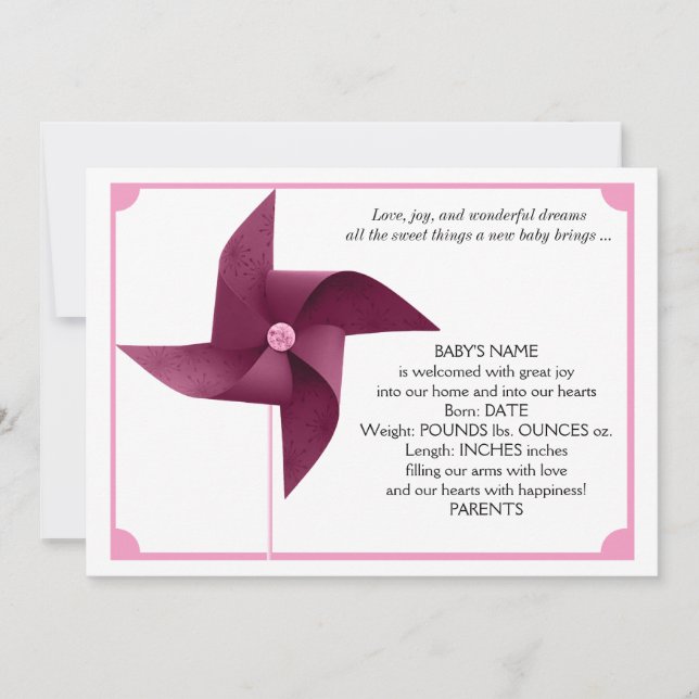 Girl Pink Pinwheel Baby Announcement (Front)