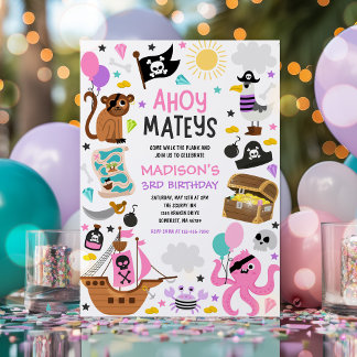 Girl Pink Pirate Ship Treasure Birthday Party Invitation