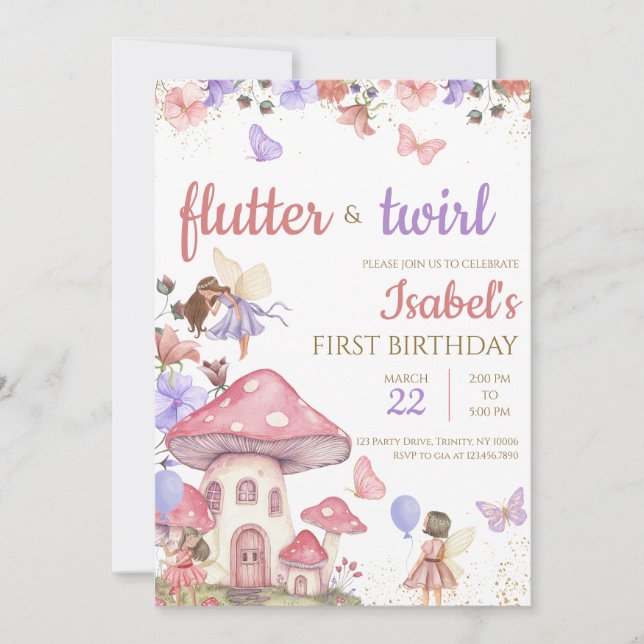 Girl Pink Purple Floral Fairy Birthday Invitation (Front)