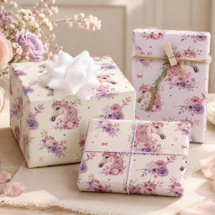 Girl Pink Purple Pony Pastel Floral Wrapping Paper Sheet