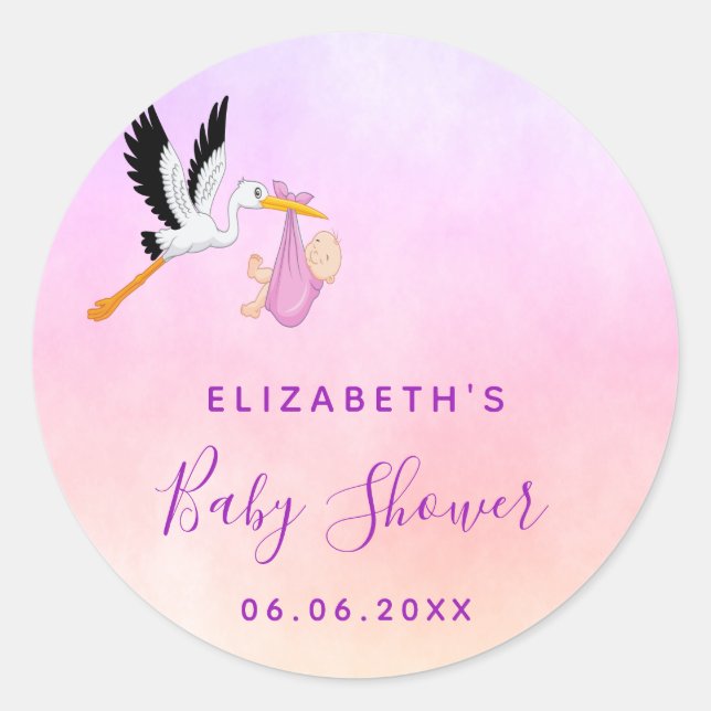 Girl pink purple rose gold cute stork baby shower classic round sticker (Front)