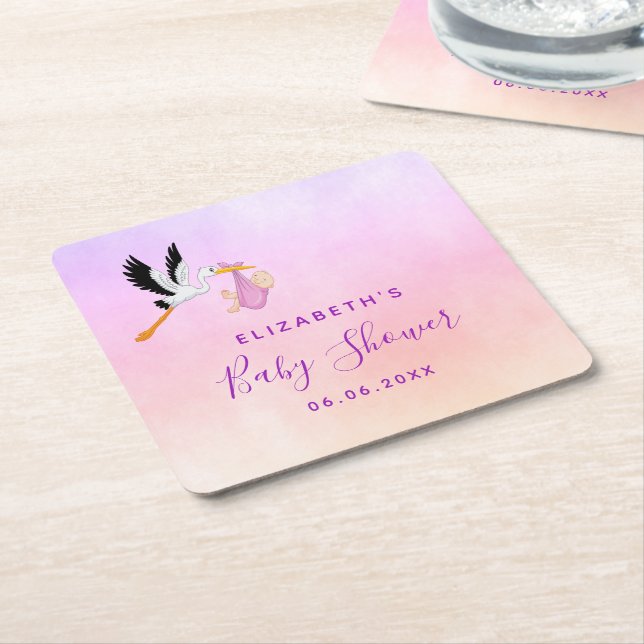 Girl pink purple rose gold cute stork baby shower square paper coaster (Angled)