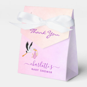 Girl pink purple rose gold stork baby shower favour box