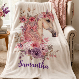 Girl Pink Purple Whimsical Horse Monogram Sherpa Blanket