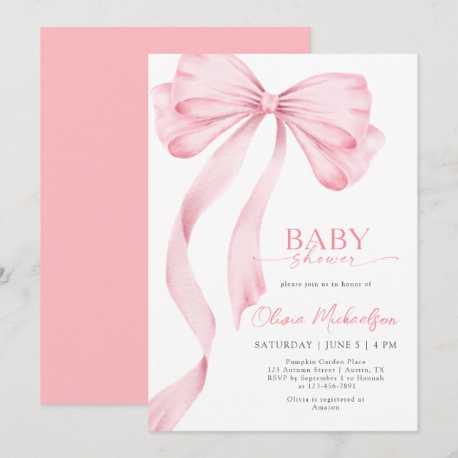 Girl Pink Ribbon Bow Coquette Elegant Baby Shower Invitation (Front/Back)