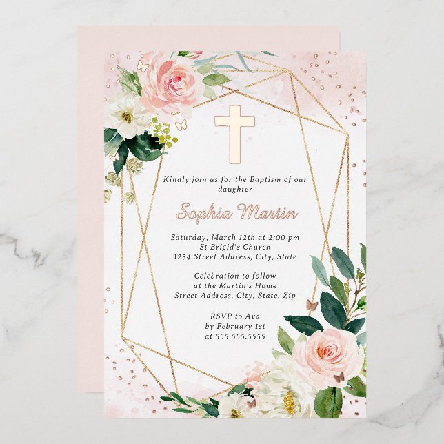 Girl Pink Rose Gold Cross Floral Baptism  (Front/Back)