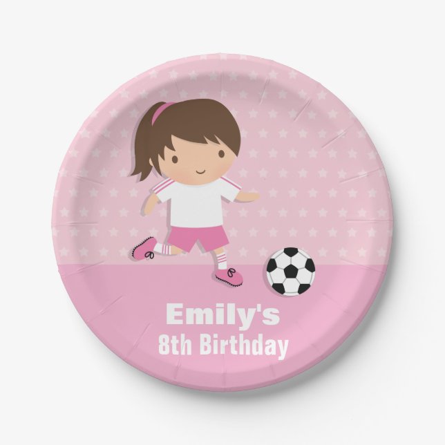 Girl Pink Soccer Birthday Party Supplies Plates (Front)