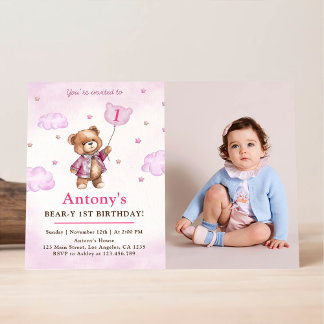 Girl Pink Teddy Bear Balloons First Birthday Invitation