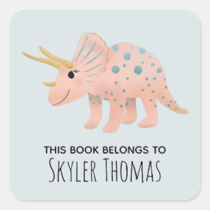 Girl Pink This Book Belongs Dinosaur and Name Kids Square Sticker