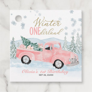 Girl Pink Truck Winter Onederland First Birthday Favour Tags
