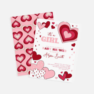 Girl Pink Valentine's Day Hearts Baby Shower Invitation
