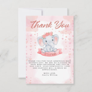 Girl Pink watercolor elephant baby shower Thank You Card