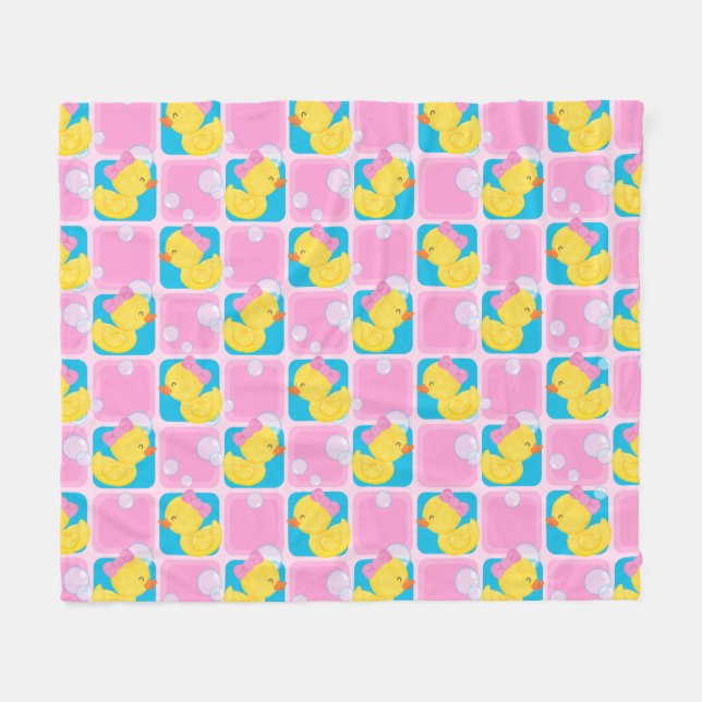 Girl Pink Watercolor Rubber Duck Chequered Medium Fleece Blanket (Front (Horizontal))