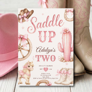 Girl Pink Western Saddle Up Horse 2nd Birthday Invitation
