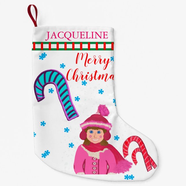 Girl Pink White Hat Candy Canes Christmas Tree Small Christmas Stocking (Front)
