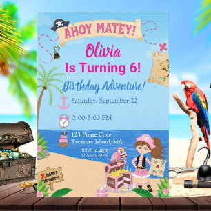 Girl Pirate Cake Treasure Chest Birthday Party Invitation
