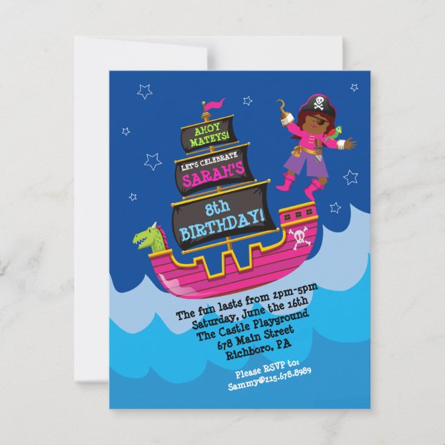 Girl Pirate Dragon Ship Birthday Party Invitation (Front)