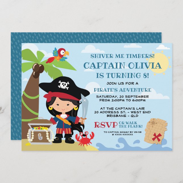 Girl Pirate Party Birthday Invitations (Front/Back)