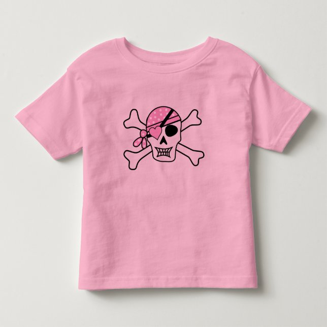 Girl Pirate Skull and Bones Toddler Pink T-Shirt (Front)