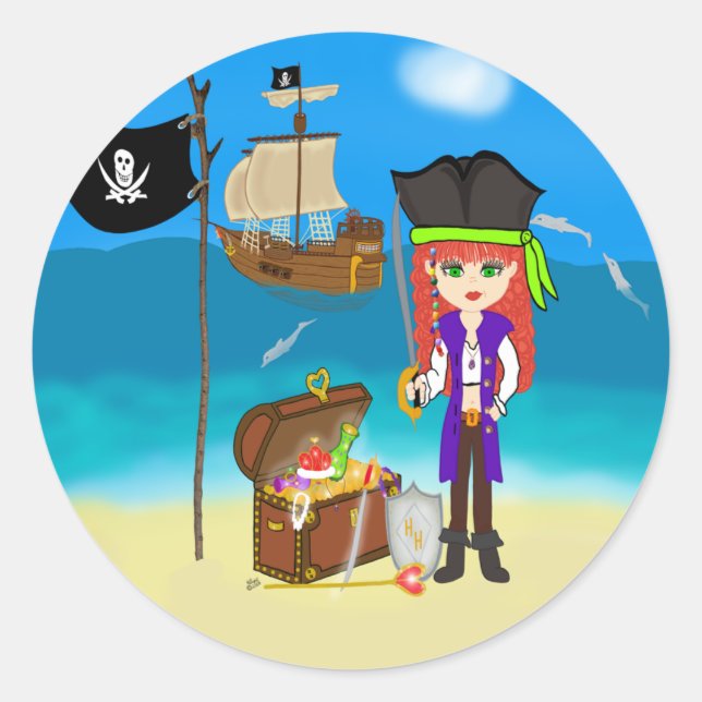 Girl Pirate with Treasure Chest Stickers (Front)