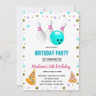 Girl pizza and bowling birthday invitation
