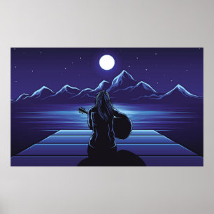 Girl playing guitar of the night guitar,girl,sky,a poster