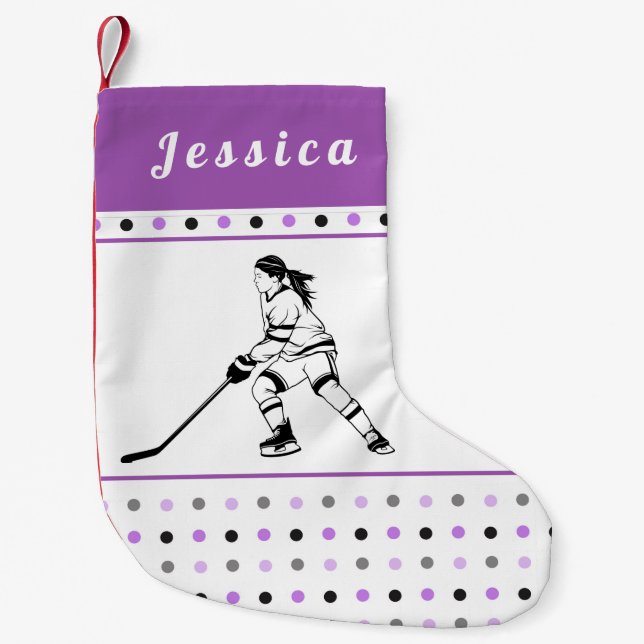 Girl Playing Hockey Player Pink Dotted Kids Name Small Christmas Stocking (Front)