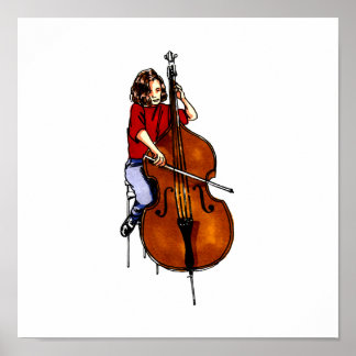 Girl playing orchestra bass red shirt poster
