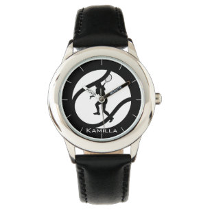 Girl Playing Tennis Personalised Black & White  Watch