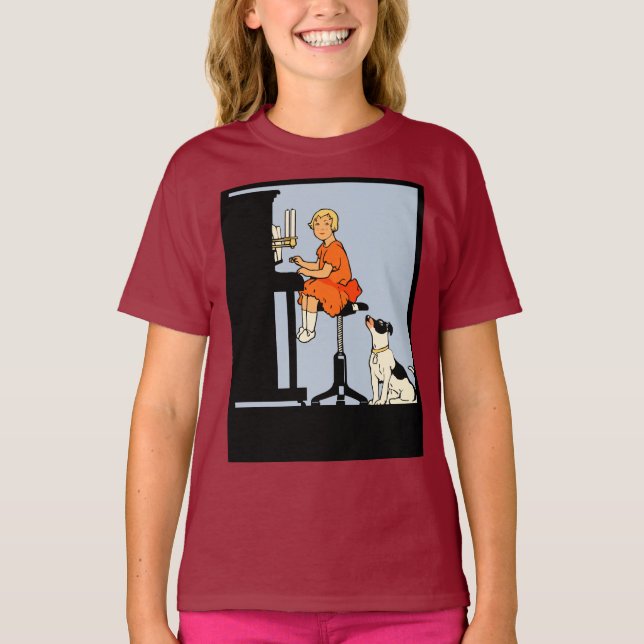 Girl playing the piano, dog, retro style T-Shirt (Front)