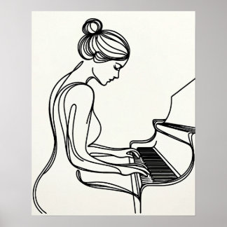 Girl Playing the Piano - Line Art Poster