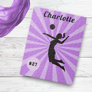 Girl Playing Volleyball Cute Pink Name & Number Jigsaw Puzzle