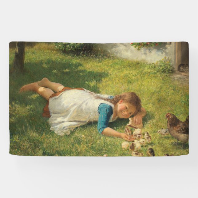 Girl Playing with Chicks (Hen and Chicken) Banner (Horizontal)