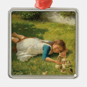 Girl Playing with Chicks (Hen and Chicken) Metal Tree Decoration