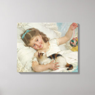 Girl Playing With Her Pet Cat (by Émile Munier) Canvas Print