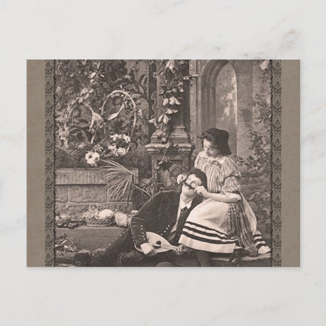 Girl Playing with Man's Moustache Funny Vintage Postcard (Front)