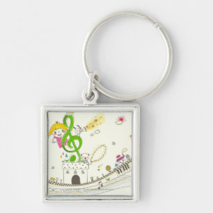 Girl playing with musical notes on house key ring