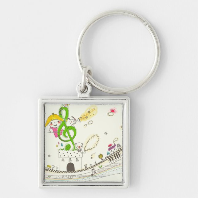 Girl playing with musical notes on house key ring (Front)