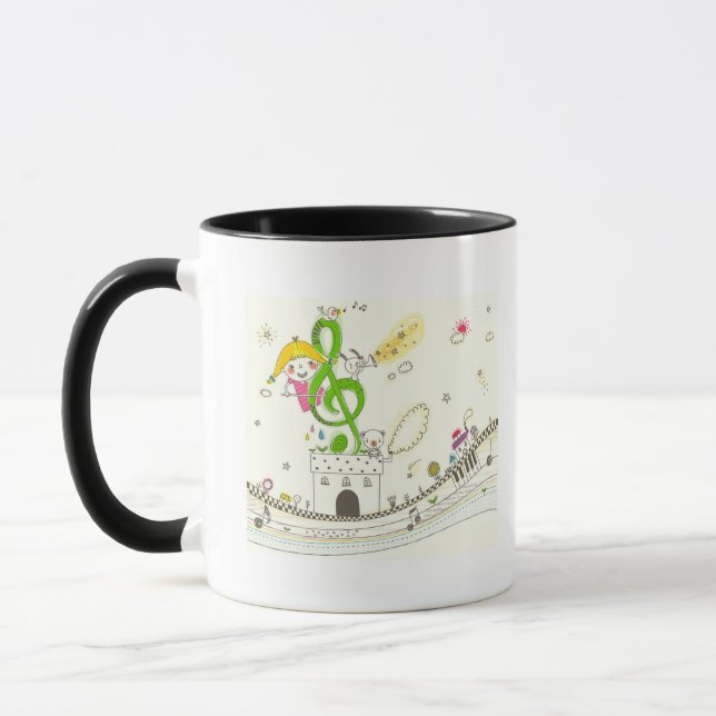 Girl playing with musical notes on house mug (Left)