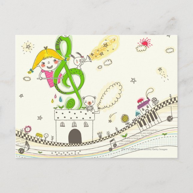 Girl playing with musical notes on house postcard (Front)