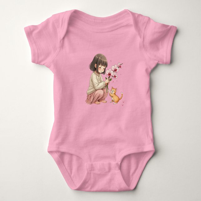 Girl playing with the Cat Baby Bodysuit (Front)
