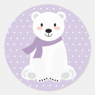 Girl Polar Bear Baby Shower Purple Classic Round Sticker