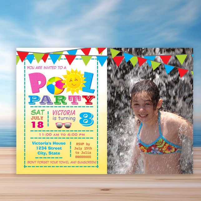 Girl Pool Birthday Party Invitation With Photo (Cute any number pool birthday party invitation. Simply add your details and photo.)