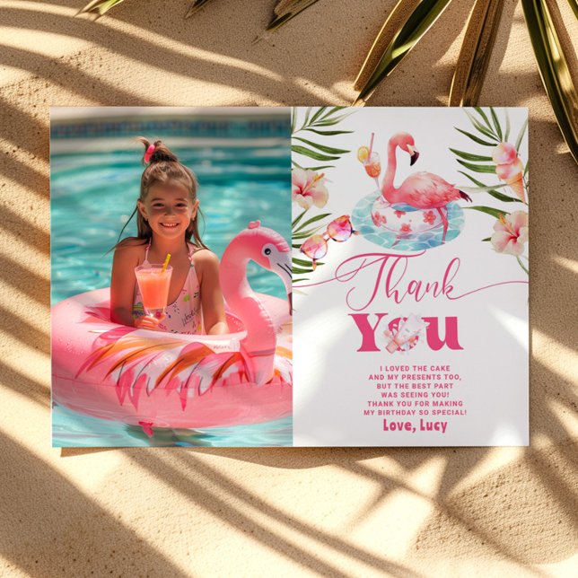 Girl Pool party flamingo photo thank you card (Creator Uploaded)