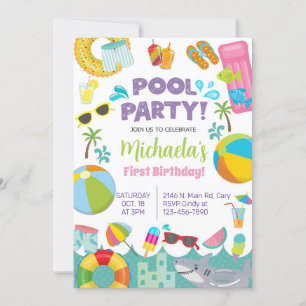 Girl pool party invitation, pool birthday bash. invitation