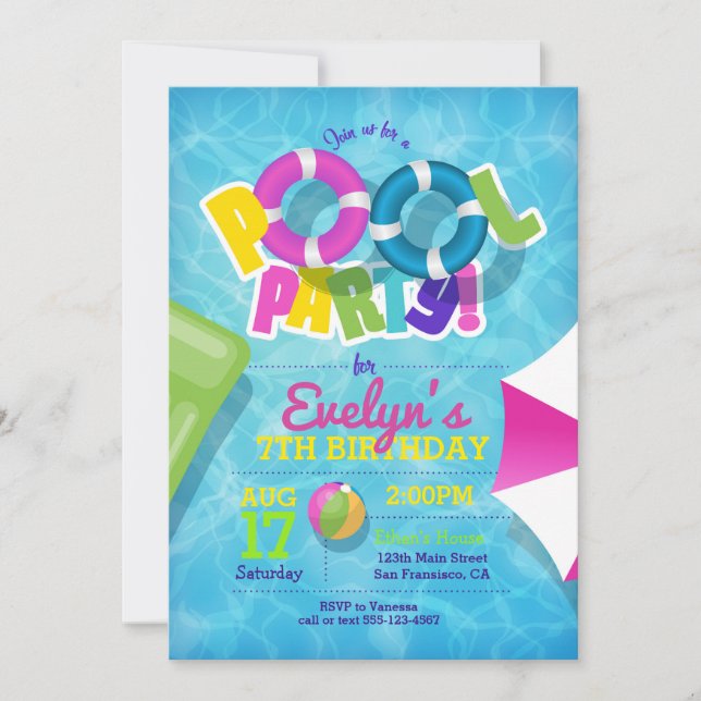 Girl Pool Party Invitation - Pool Invite for Girls (Front)