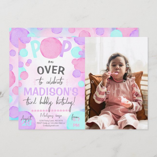 Girl Pop Over Bubble Photo Invitation (Front/Back)