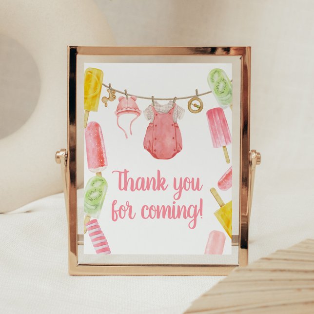 Girl Popsicle Baby Shower Thank you Card Poster (Popsicle Baby Shower Thank you for Coming Sign)
