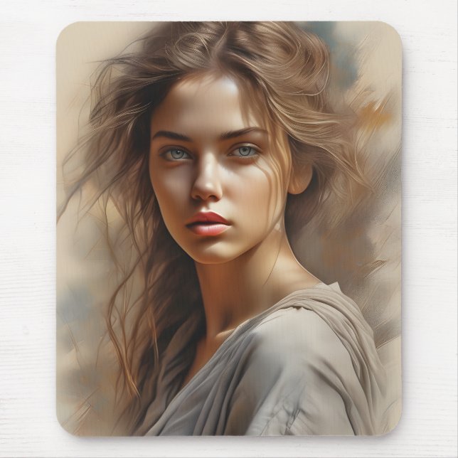 Girl Portrait is a pencil sketch of a woman. The p Mouse Pad (Front)